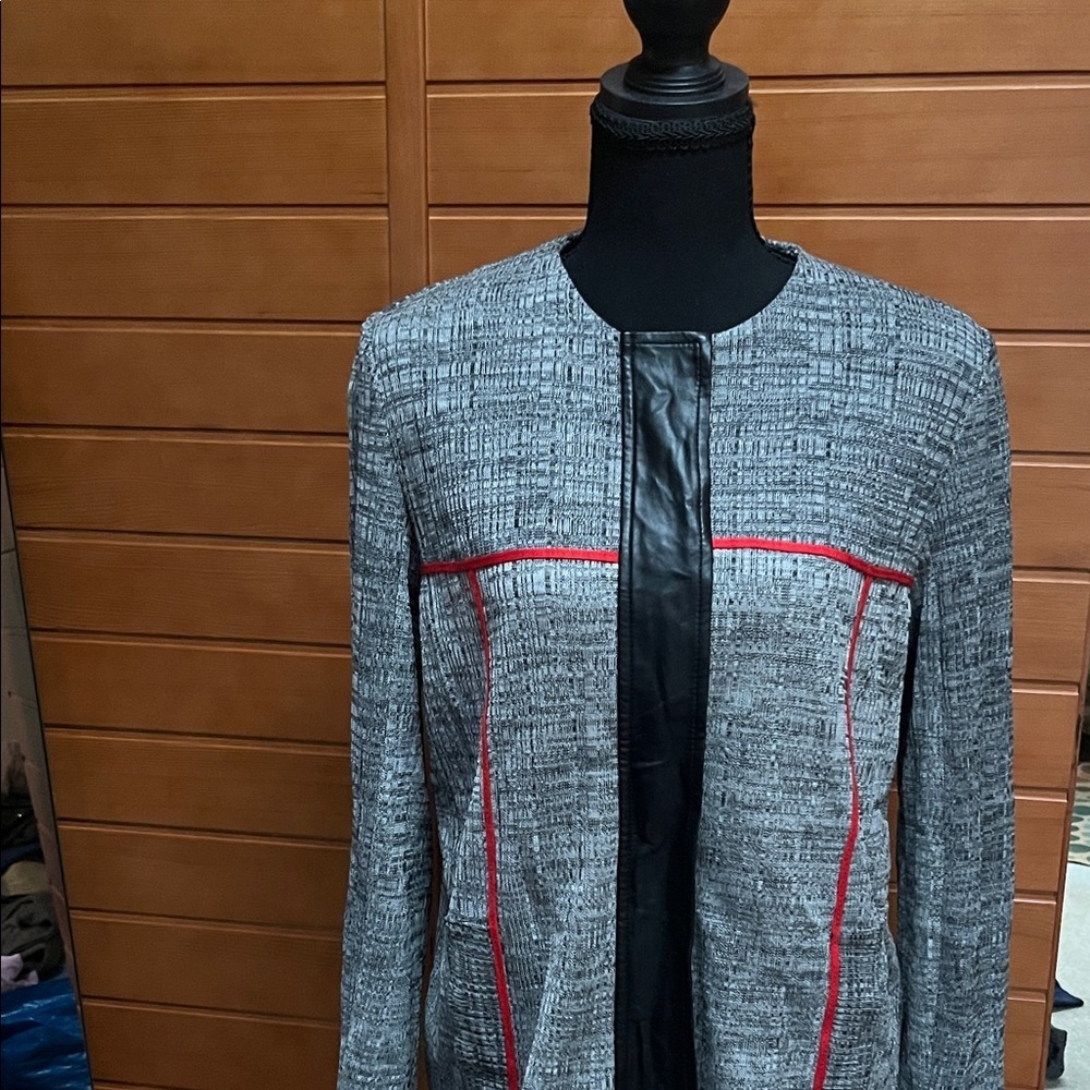 Ming Wang Women's Blazer with Red Accents and Faux Leather Trim Medium